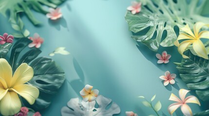 Wall Mural - Tropical leaves and flowers on blue background with copy space, flat lay. Summer content