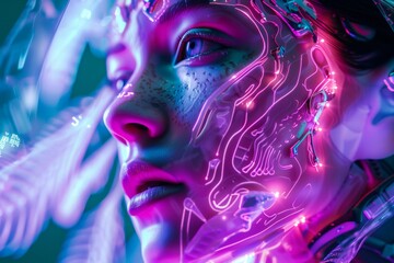 Wall Mural - face of female humanoid android Artificial Intelligence mechanical robot be creative Have an understanding of orders  the most advanced operating system Robot innovations future cyber punk red tone