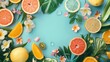 Creative layout made of tropical fruits and leaves on blue background. Flat lay, top view. Summer copcept