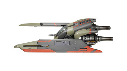 Poster - Concept assault fighter, gunship with scratched metal grey-green orange paint, turbines, guns. Single-pilot spaceship. Science fiction vehicle for space wars. Side view. 3d render isolated transparent