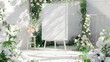 © B.Panudda - white gloss  wedding poster template by a white easel and flowers, in the style of urban signage, subtle hues, clear and crisp,tranquil Gardenscapes.