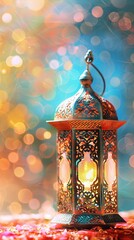 Sticker - celebration of islamic eid mubarak and eid al adha lantern in a light background.