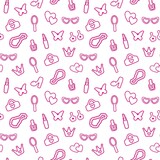 Fototapeta Abstrakcje - seamless, pink pattern. Pattern with contour details for a girl. Shoes, lipstick, earrings, glasses, jewelry, heart. Print on textiles, paper, banner. art modern illustration.