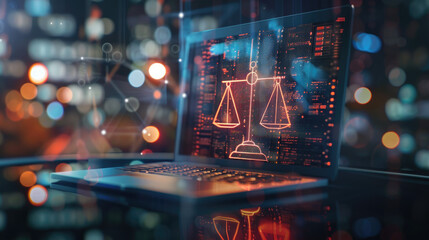 Laptop computer with legal law scale information and regulations for company and corporate trade license registration and court governance compliance for online and modern business 