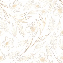 Wall Mural - Hand Drawn Minimal Gold Floral Seamless Pattern