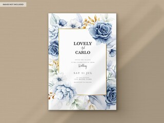 Wall Mural - Invitation Template With Elegant Watercolor White Blue Roses