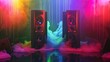 gradient-colored sound waves emanating from two sizable stage speakers