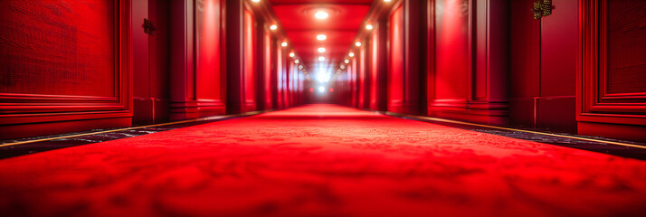 Wall Mural - Elegant Red Corridor with Illuminated Entrance, Luxury Interior Design, Modern Architecture with Velvet Touch