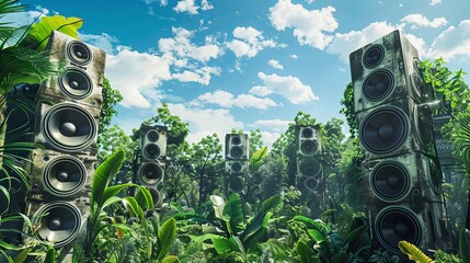 a vast sound system, speaker stacks, lush greenery, and a blue sky