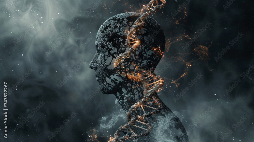 Dramatic visualization of a DNA deformation with human figure. Stock ...