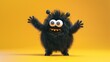 3D rendering of a cute and friendly black monster with big eyes and a toothy smile.