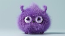 Cute Purple Cartoon Character With Big Eyes And Fluffy Fur Standing On A White Background. 3D Rendering.
