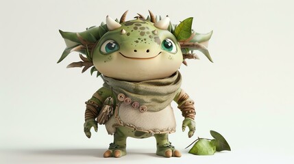 Wall Mural - Cute and friendly forest spirit creature with big eyes and a warm smile. It has green skin and leafy ears, and is wearing a brown vest.