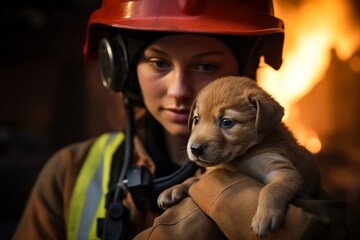 Wall Mural - Rescued beige puppy, embraced lovingly by a female firefighter amidst the intensity of the fire scene, the close-up shot capturing the firefighter's determination and the puppy's innocence