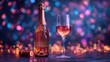 Bottle and glass of pink rose champagne. Created with generative AI.