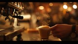 Coffee cup with foam in the foreground and blurred background of a coffee shop. The hand of a barista holding the cup is also visible.