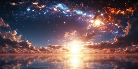 Wall Mural - Beautiful sky appears between the sunset and the cosmic universe. Sea reflection. Desktop Wallpaper