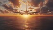 A plane flies over the ocean at sunset. The sky is orange and the water is calm. The plane is silhouetted against the sun.