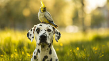 Friendship Of Dogs And Cockatiels Differences That Coexist On The Natural Green Grass With Bright Sunlight.