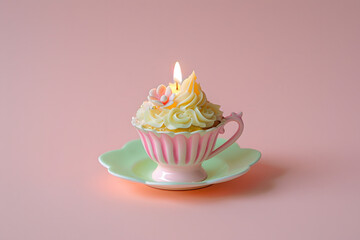 Wall Mural - miniature cupcake in a pink cup with a candle set on the pink background