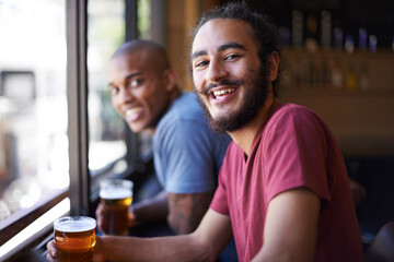 Canvas Print - Friends, beer and chill in portrait, smile and relax indoor for fun and bonding in summer to destress. Male people, pub and man for social, guys and alcohol drink together and laughing on weekend.