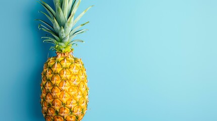 Wall Mural - A close-up image of a fresh pineapple on a blue background. The pineapple is ripe and juicy, with a bright yellow color.