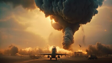 Poster - Airplane in the smoke on a background of an explosion. 3d rendering, Military bombers are releasing bombs on the warzone, AI Generated