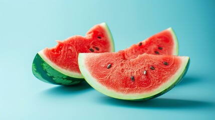 Wall Mural - Three slices of ripe red watermelon on a blue background. The watermelons are arranged in a triangle.