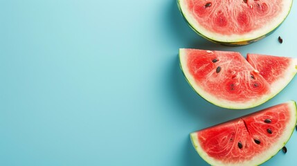 Wall Mural - Fresh watermelon slices isolated on blue background. Healthy summer food concept. Top view. Copy space.
