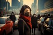 
Portrait of a chinese young woman wearing a face mask with a backdrop of heavy traffic and visible car emissions