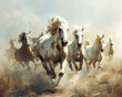Herd of White Horses Galloping in Dust
