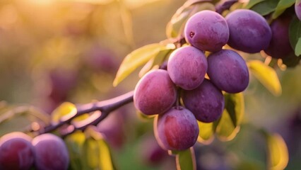 Sticker - Ripe plums on a branch in the garden at sunset. A branch with natural plums on a blurred background of a plum orchard at golden hour, AI Generated