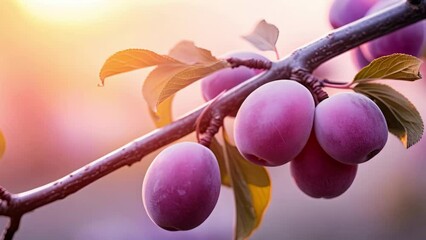 Canvas Print - Ripe plums on a branch in the garden at sunset. A branch with natural plums on a blurred background of a plum orchard at golden hour, AI Generated