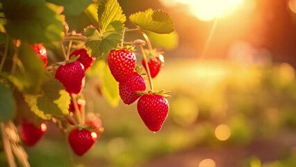 Poster - Ripe red strawberries on a branch in the garden at sunset. A branch with natural strawberries on a blurred background of a strawberry field at golden hour, AI Generated