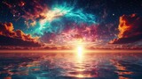 Fototapeta  - Colorful cosmic universe and beautiful sky sunset. Ocean reflection. Web banner design