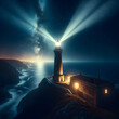 Image of an old lighthouse casting a beam of light under a starry night sky, near the ocean.Lighthouse off to the side, stars & ocean in the background, dramatic and guiding light from the lighthouse.