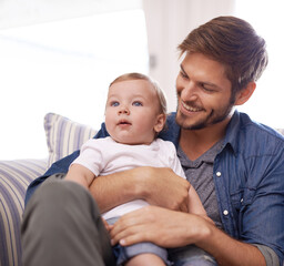 Wall Mural - Father, smile or baby in home for playing, happiness and bonding in a family house in living room. Relax, boy and toddler on sofa with dad, love or care for child development, wellness or growth