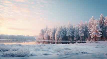  Frosty Evening Serenity: Snow-Blanketed Pine Trees in Stunning Winter Panorama