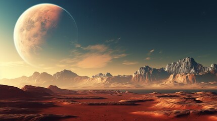 Wall Mural - Rugged Martian Terrain with Giant Moon on Horizon - Space Exploration Background