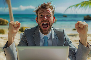 Wall Mural -  businessman with laptop on the beach, businessman with laptop, Portrait of a young businessman in a suit and tie with a laptop, rejoicing that he has finished work or win on stock market or crypto

