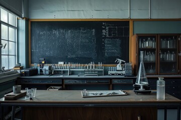 Canvas Print - A lab filled with numerous bottles and a blackboard in the background, depicting a scientific environment, Science lab classroom, hauntingly empty with test tubes and microscopes, AI Generated