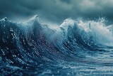 A powerful and towering wave rises in the center of the expansive ocean, exhibiting the forces of nature, Sea waves composed of binary code, AI Generated