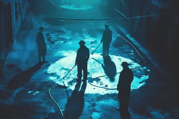 Wall Mural - A group of individuals gathered together, standing in a dark room illuminated by low lighting, Shadowy figures investigating a crime scene for a detective podcast cover art, AI Generated