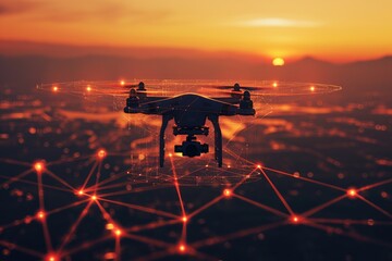 Poster - An aerial photograph capturing the stunning view of a city at sunset, showcasing towering skyscrapers and a meandering river, Silhouette of a drone in a simplistic networked environment, AI Generated