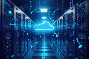 Hallway With Rows of Servers and Blue Cloud, Simulate the concept of infinite storage in cloud systems, AI Generated