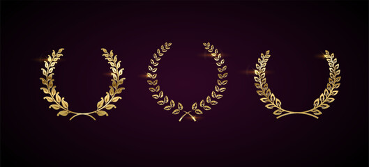 Wall Mural - Glaring golden laurel wreaths realistic vector illustration set. Premium rewards for champion 3d models on dark background. Honour sign