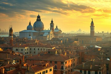 Poster - A Panoramic Sunset View of a City From an Elevated Perspective, Skyline of a historic city with ancient and modern architectures, AI Generated