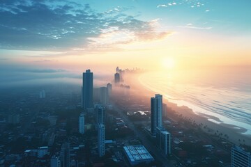 Sticker - An aerial photograph captures the citys skyline with towering skyscrapers juxtaposed against the vast expanse of the ocean, Skyline view of a coastal city during a sunrise, AI Generated