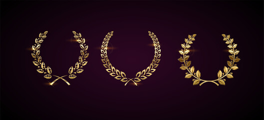 Canvas Print - Glaring golden laurel wreaths realistic vector illustration set. Premium rewards for champion 3d models on dark background. Honour sign