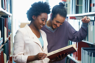 Poster - Man, woman and friends at library or reading book together as students for education, research or learning. University, pupils and literature in USA college for degree exam, collaboration or test